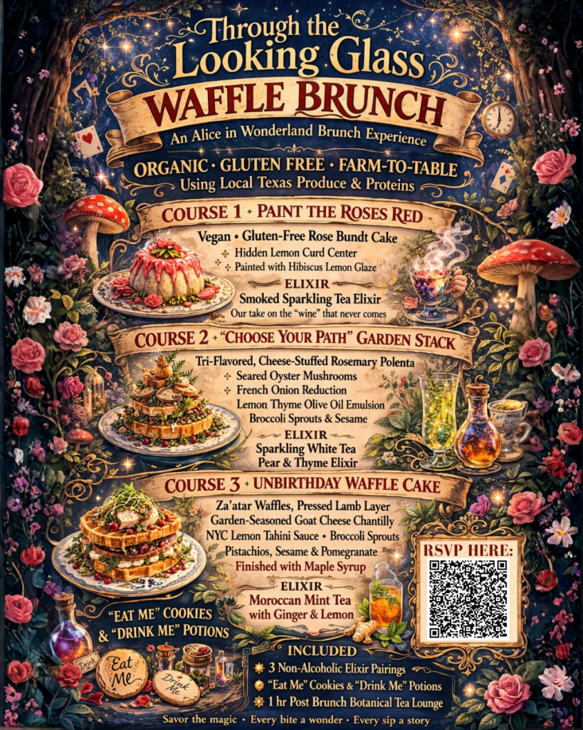Alice in Wonderland Through the Looking Glass Waffle Brunch Menu Flyer