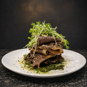 Texas Wagyu Pichana Waffle Bite Appetizer with Radish Sprouts